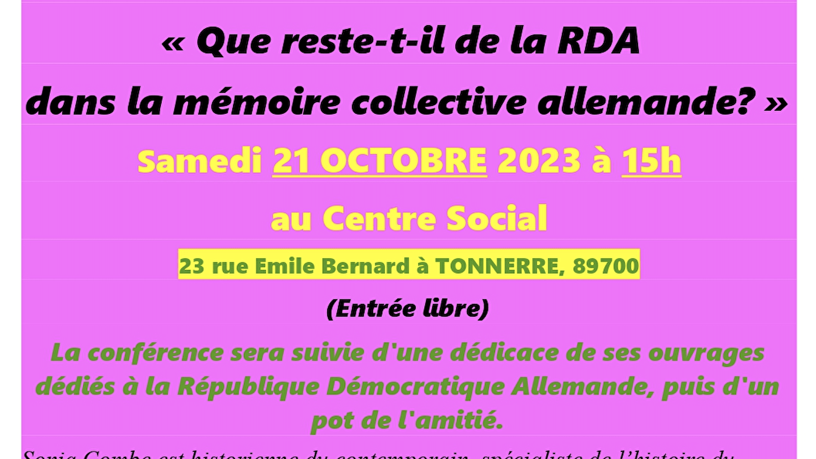 Conférence 'Que reste-t-il de la RDA dans la mémoire collective allemande ?' - Tonnerre