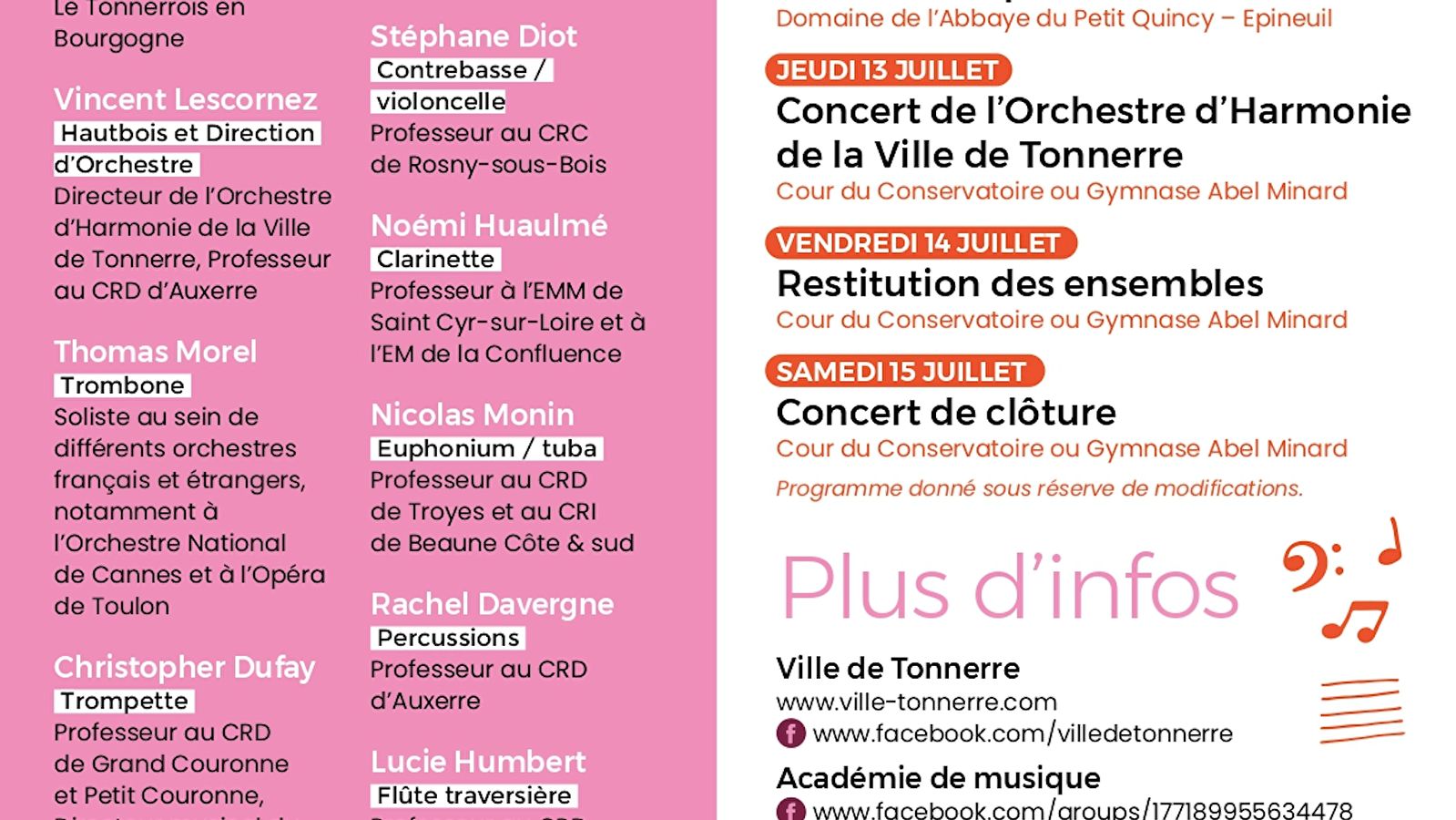 Concerts Académie de Musique de Tonnerre - Du 12 au 15 juillet